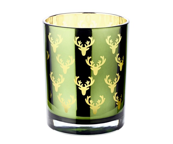 SALE Teelichtglas Dirk (Höhe 13 cm), grün & goldfarben, Hirsch-Motiv