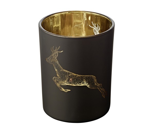 SALE Teelichtglas Sammy (Höhe 13 cm), schwarz & goldfarben, Hirsch-Motiv