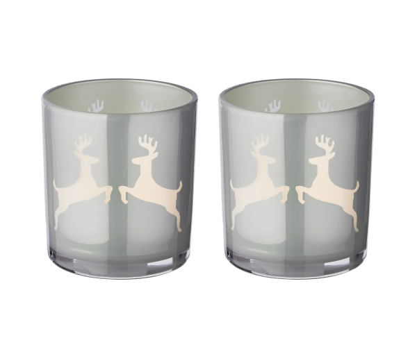 SALE 2er-Set Teelichtglas Loki (Höhe 8 cm), grau, Hirsch-Motiv