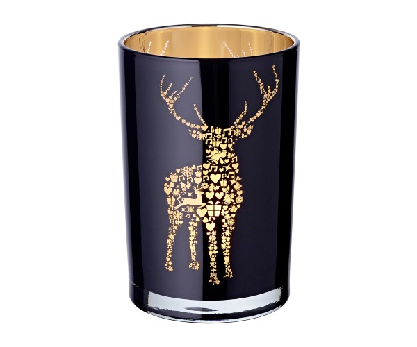 Windlight Fancy (Height 18cm , diameter 12 cm), tealightglass with dear motiv, black/gold