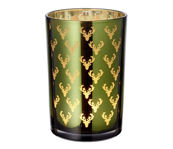 Windlicht Teelichtglas Dirk, außen grün / innen gold, Hirsch-Design, Höhe 18 cm